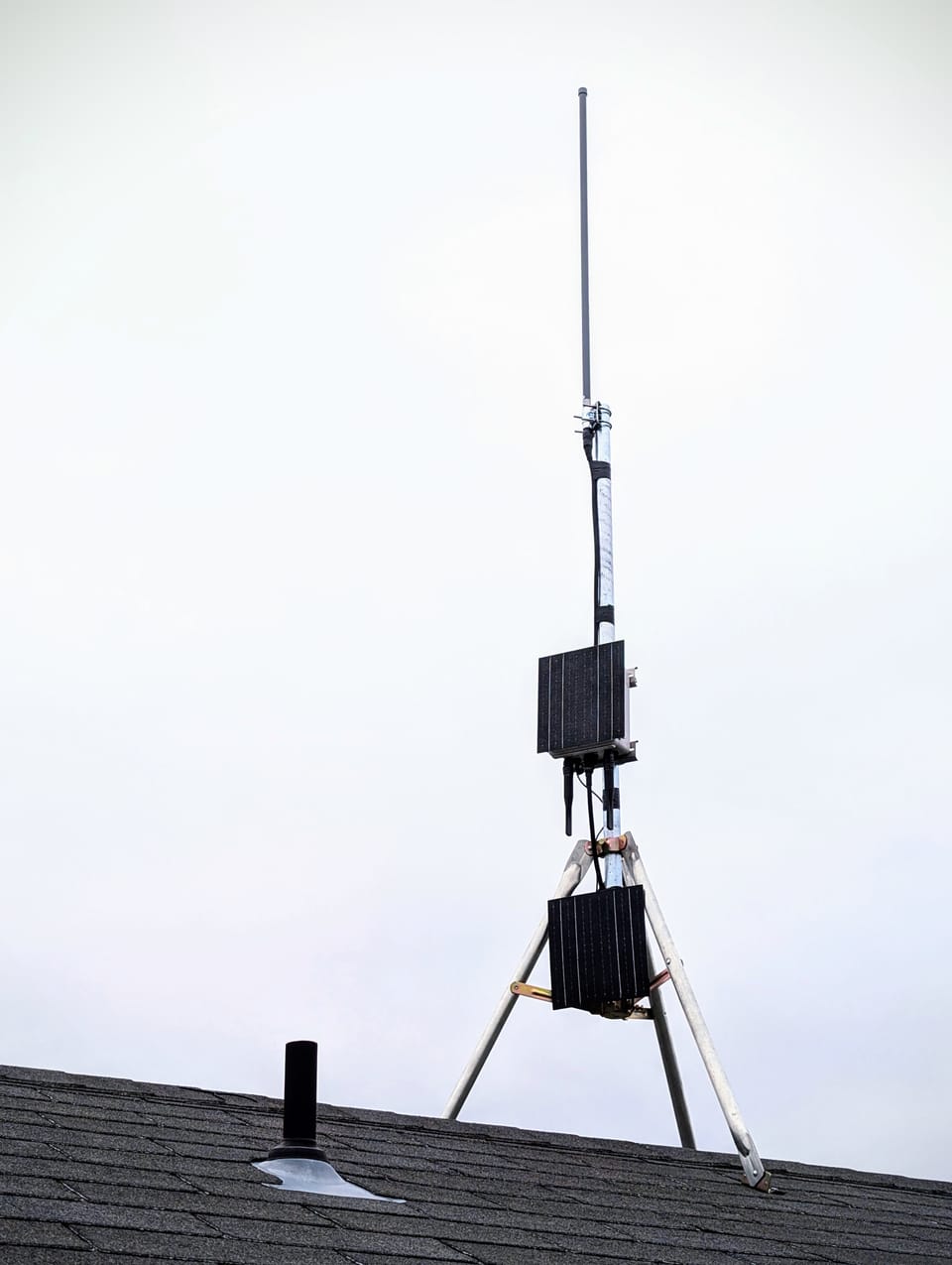 a roof-top antenna on a tripod mounted mast. 